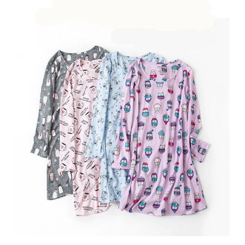 

lovely cartoon sleepdress for women 100% cotton Spring/autumn sleepshirts women nightwear dress plus size