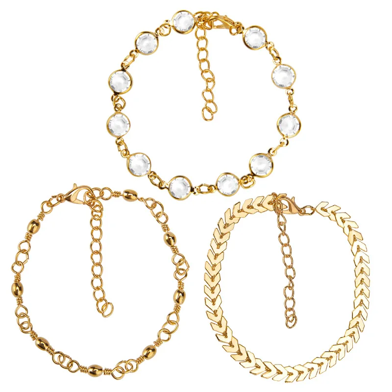 Мода 3 шт./компл. летний золотой цвет женский набор браслетов для ног Ювелирные изделия регулируемый кристаллический блестки женские подарки