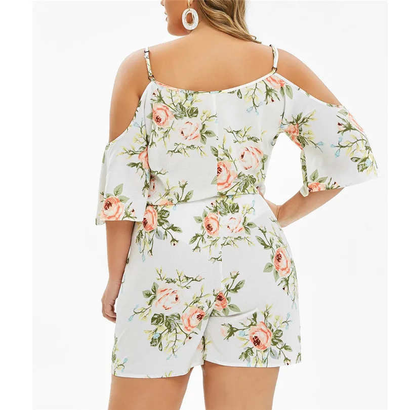  Womens Plus Size Bohemian Floral Casual Playsuits New 2019 Fashion Sexy Cold Shoulder Jumpsuit Bodysuit V-Neck Romper #E11 (30)