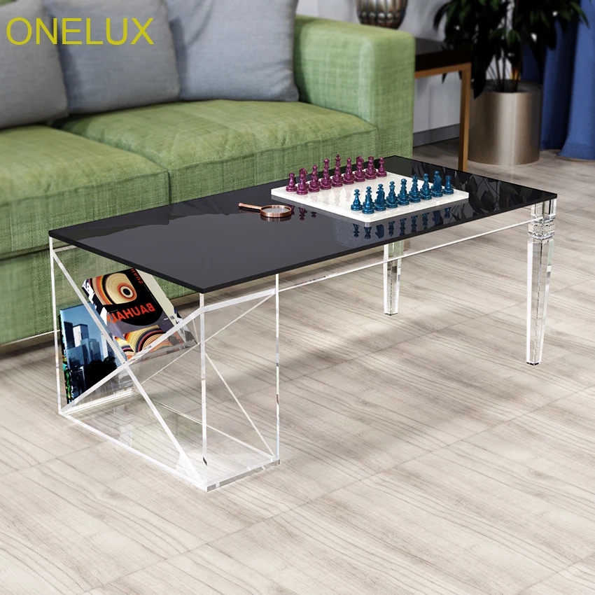 ONELUX 2018 New Acrylic Coffee Table With Side Magzine Rack,Lucite Living room Tables Tapered