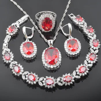 

Classic Oval Red Zirconia Jewelry Sets For Women Weddiing Bracelet Silver Color Necklace Pendant Earrings Ring QS0462