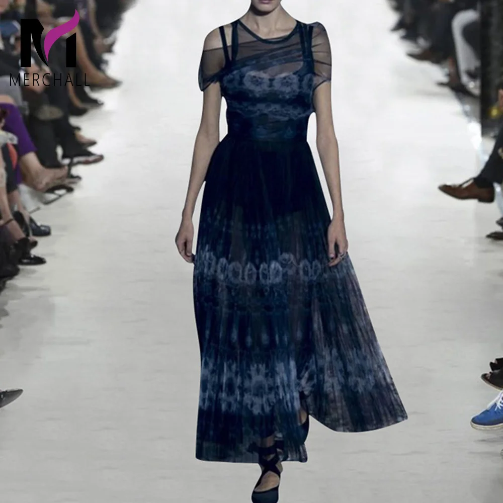 

Runway Designer Ink Painting Print Pleated Dress 2019 Summer Women Off Shoulder Heap Round Collar Mesh Luxury Long Party Dress