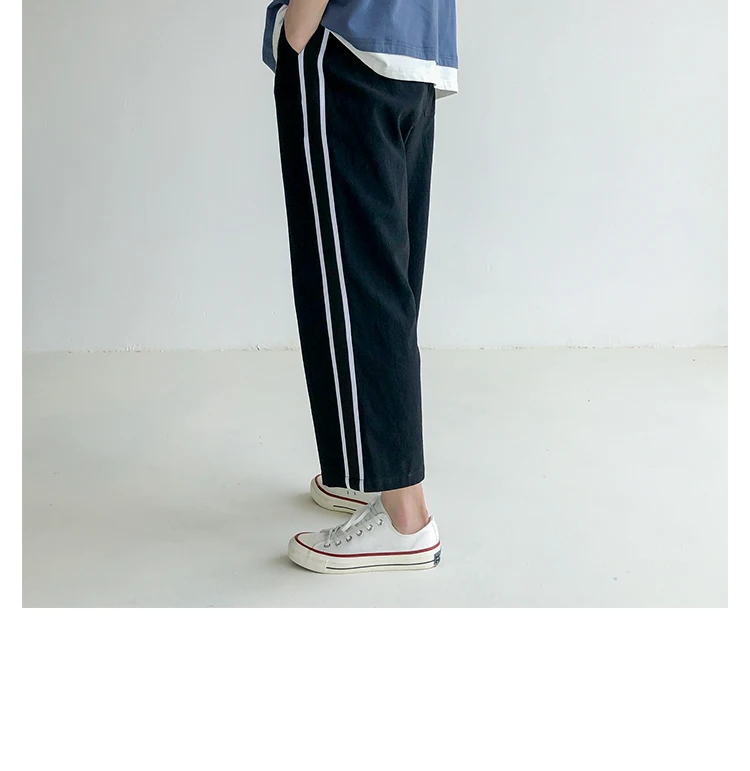 Summer Men's Cotton Leisure Stripe Printing Casual Pants Loose Joggers Sweatpants Active Elastic Male White/black Trousers
