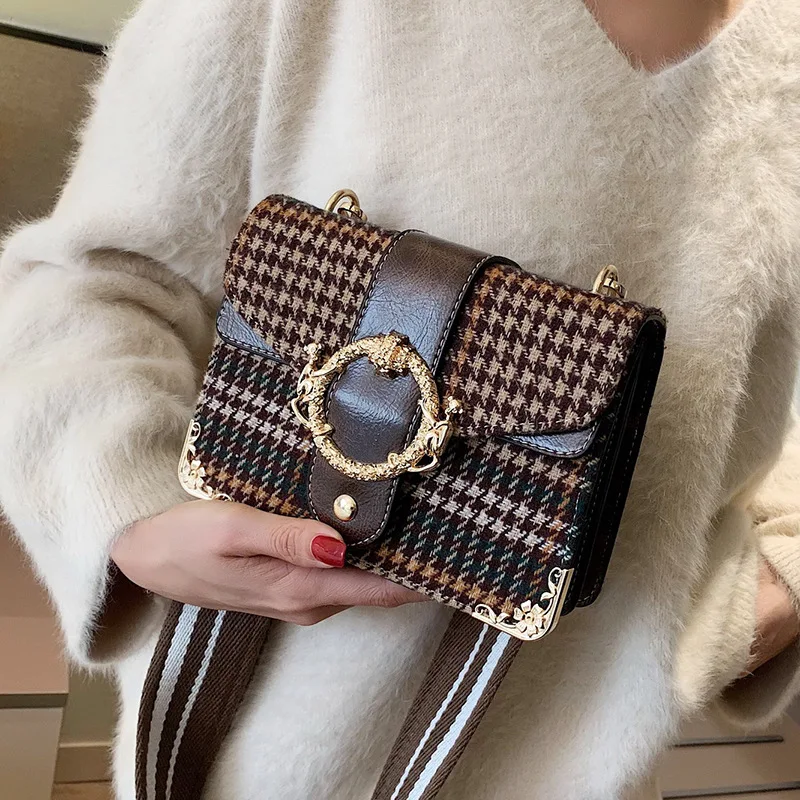 

Houndstooth Handbag Women Fashion Brand Design Wide Shoulder Bags Ladies 2018 Printing Stitching Messenger Bag Bolsa Feminina