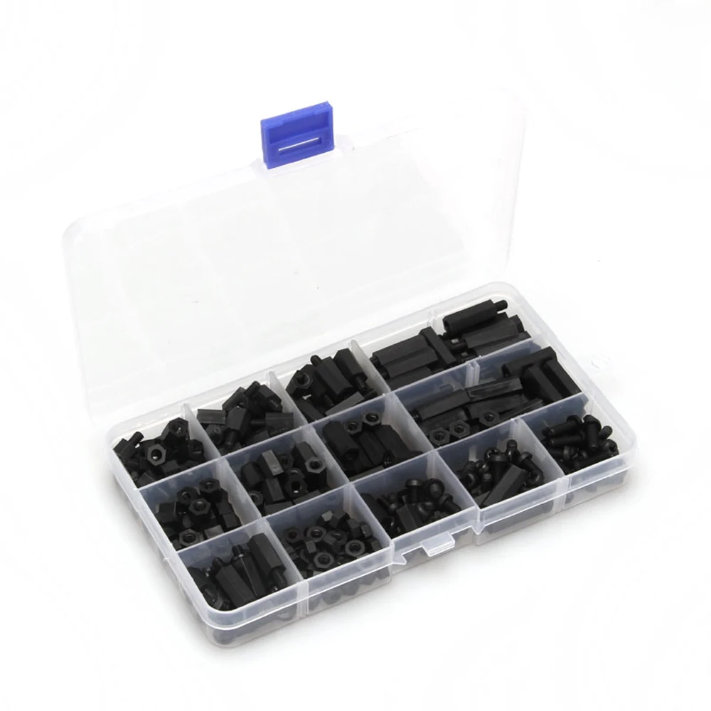 

260pcs / lot nylon standoff kit Male to Female M3 Length 6 - 20 mm black Nylon Standoff Spacer kit with Box Fastener Hardware