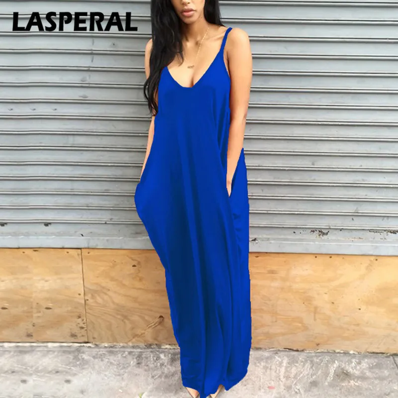 LASPERAL Loose Dresses Women Casual Solid Spaghetti Strap Pockets Dress Vestidos Summer Sexy V Neck Irregular Long Maxi | Женская одежда
