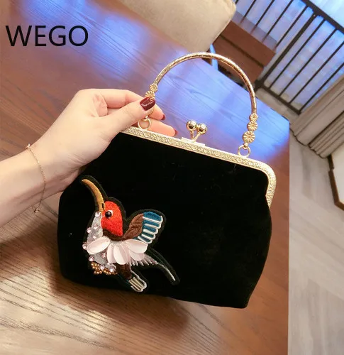

Evening Bags Tote Velvet Retro Black Embroidered Bird Pouch Ethnic Style Holiday Dress Clutch Bags 2019