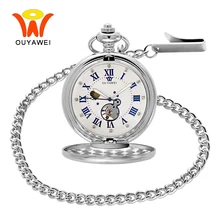 Ouyawei Защита от солнца, фаза Луны, ожерелье, антикварные серебряные карманные часы, механические классические римские подвески, нержавеющая сталь, мужские часы Fob