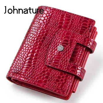 

Johnature 2020 New Genuine Leather Fashion Alligator Zipper & Hasp Short Women Standard Wallets Tri-fold Female Purse