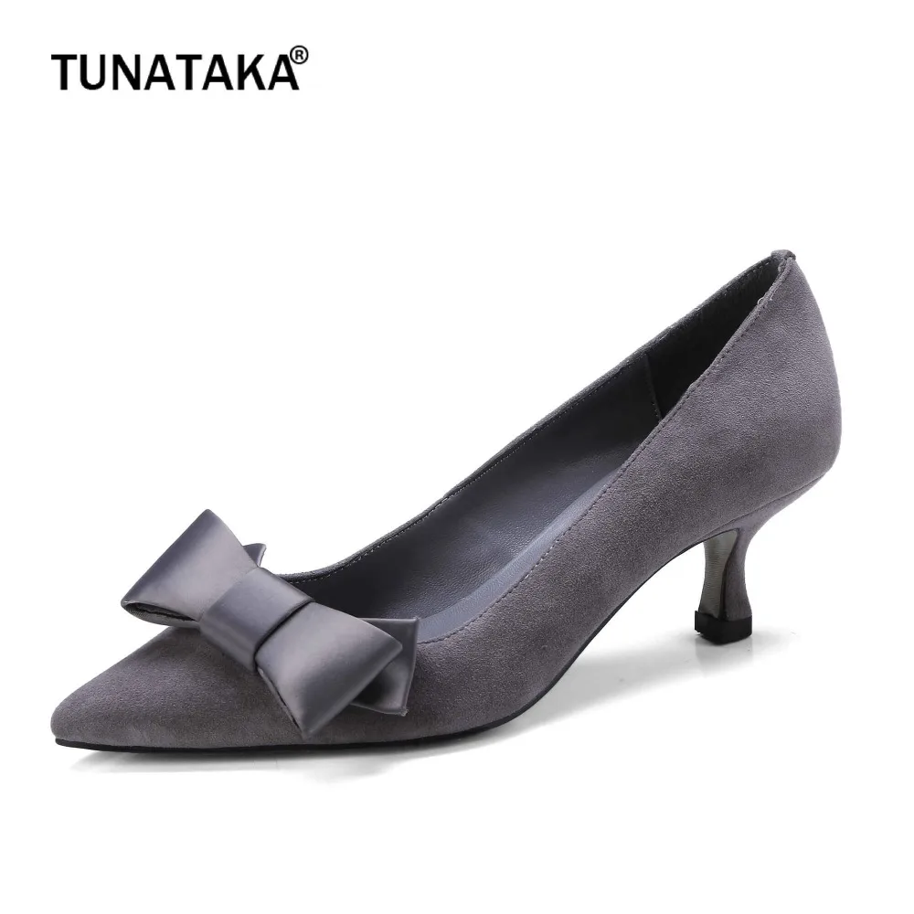 

Suede Comfort Thin Heel Pointed Toe Woman Lazy Pumps Fashion Bow Knot Dress High Heel Shoes Woman Gray Pink