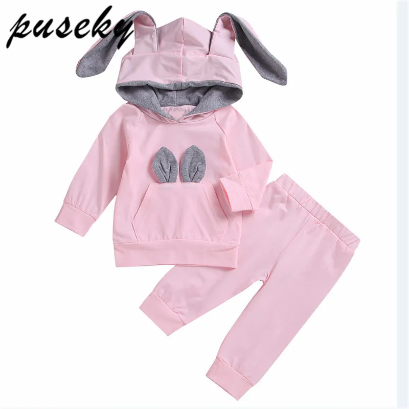 Puseky 2pcs Newborn Kid Baby Girls Clothes Set Cotton Cute Rabbit Clothes Hooded Top Shirt Pants Outfits Baby Clothing 0-24M