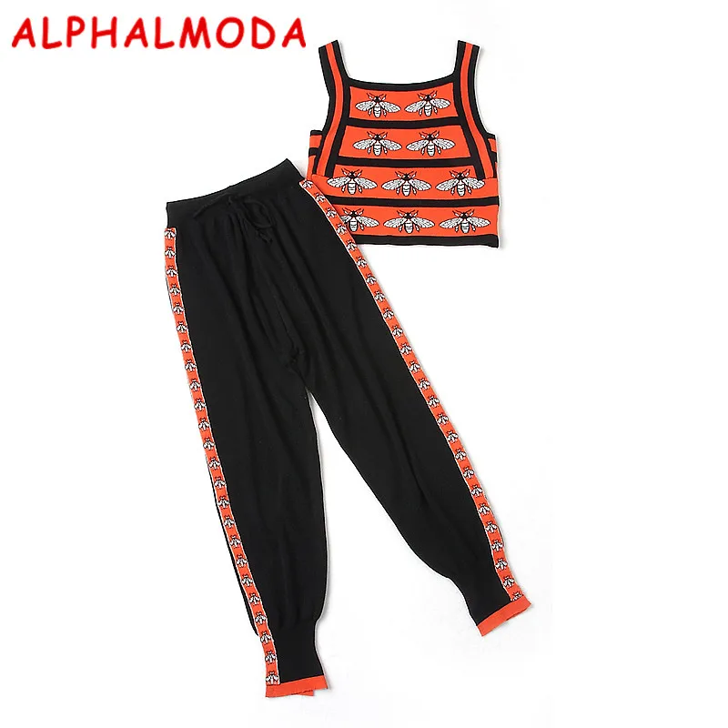 ALPHALMODA 2018 Summer Bees Knitted Tank Top Haren Pants Women 2pcs Fashion Suits font b Slim