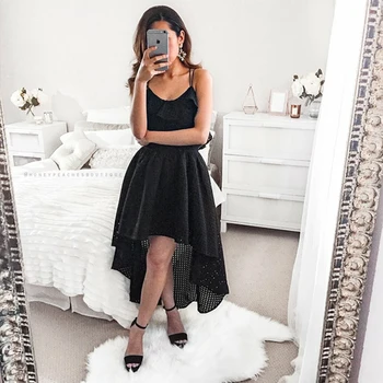 

Elegant Black Color Homecoming Dresses 2019 Sexy Spaghetti Straps Prom Dress High-Low Party Dress with Ruffles