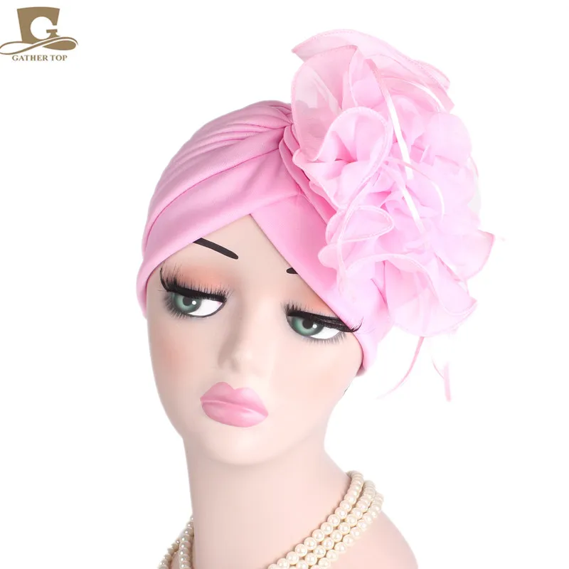 

NEW Fascinators Hats Women Ruffle Turban Headwear With Big flower Cocktail Wedding Tea Party Hat Muslim Style Beanie