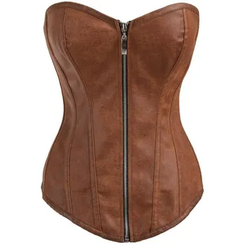 

S-XXL New Sexy Luxurious Zipper Gothic Clothing Sexy Brown Bone Steampunk Overbust Women Faux Leather Corsets And Bustiers
