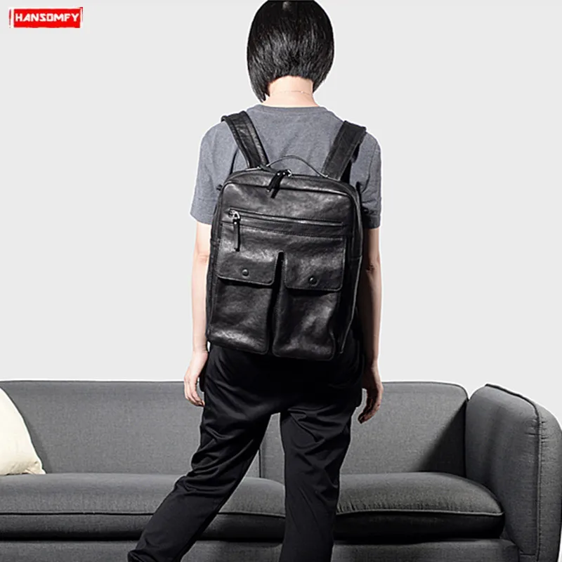 

First layer cowhide Women backpack retro black genuine leather laptop shoulder bag travel backpacks female casual computer bag