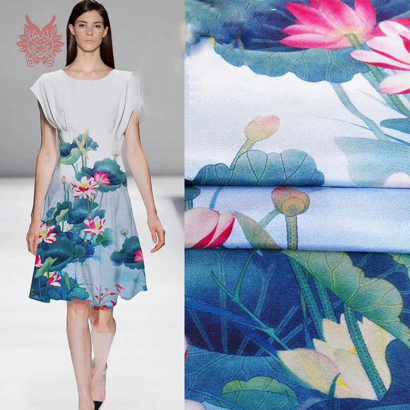 Designer blue lotus positioning print 100 silk dupion fabric for dress