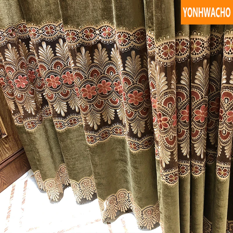 

Custom curtains noble livingroom chenille American embroidered bedroom velvet dark green cloth blackout curtain tulle drape B088