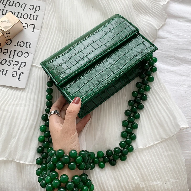 

Luxury Designer Pu Leather Women Handbags Stone Pattern Beaded Shoulder Bags Women Square Bags Ladies Chain Messenger Bag Female