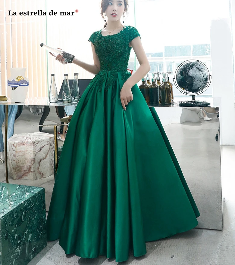 Vestido madrinha new Scoop neck lace satin short sleeve A Line green burgundy Muslim wedding guest dress long robe demoisell