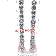 Женские летние сапоги со стразами с высоким голенищем; пикантные Босоножки с открытым носком на тонком высоком каблуке с кристаллами; обувь гладиаторы выше колена с ремешком и пряжкой