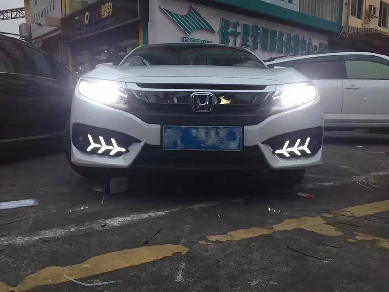 Автомобильный мигающий светодиодный DRL дневные ходовые огни для Honda Civic 10th сигнал поворота желтый с отверстием противотуманной фары