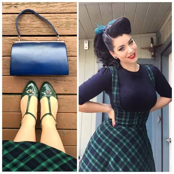 

40- women vintage 50s high waist swing circle suspender skirt in green tartan plus size falda rockabilly overalls brac skirts
