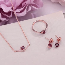 LAMOON наборы для Для женщин Fine Jewelry S925 серебро натуральный сердце вырезать красный гранат серьги кольцо Цепочки и ожерелья комплект v004-2