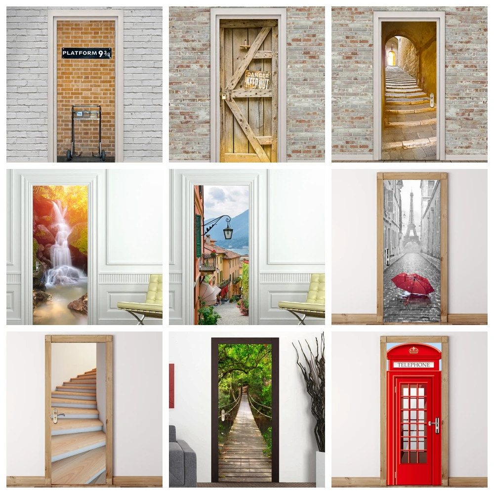 Hot Sale 3D Beautiful Landscape Door Stickers For Living Room Bedroom PVC Adhesive Wallpaper Home Decor Waterproof Mural Decal