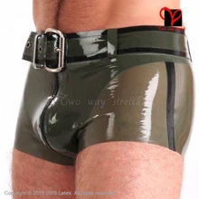 Sexy Military Latex Boxer Shorts with belt Rubber underwear Hot Pants Gummi Bermuda Fetish Bondage Bottoms pouch front zipper