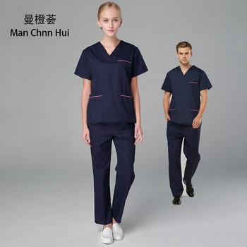 

Summer Medical Apparel Women's Scrubs V-Neck Short Sleeve Beauty clothes Dental Hospital Men's Surgical Shirts + Pants S-2XL