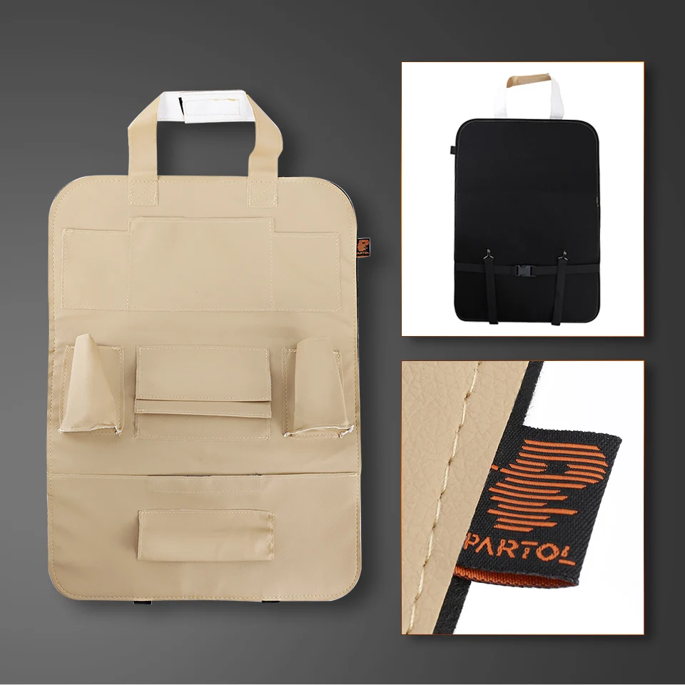 Partol PU универсальная сумка для хранения на сиденье автомобиля Органайзер Авто черный/бежевый мульти-карман спинка сиденья сумка напитки/ткани/зонтик контейнер