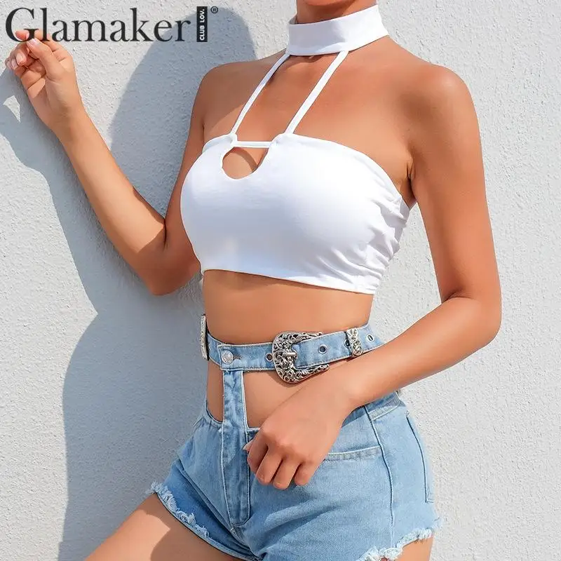 Glamaker, сексуальный белый топ на бретельках, женские летние повседневные топы, женские летние вечерние топы на бретельках с открытой спиной