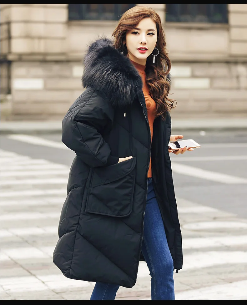 Women Winter Down Jacket Overknee Long Padded Parkas Hooded Real Fur Collar Loose Down Coats Korean Women 2018 Big Pockets AS016 (17)