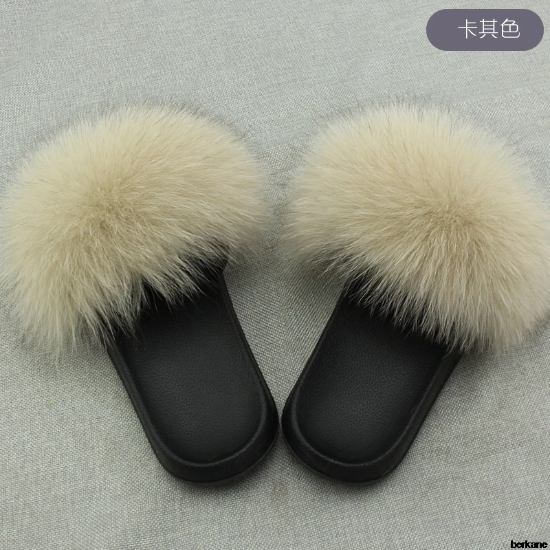 Natural Fur Slippers Women Fox Home Fluffy Sliders Comfort With Feather Furry Summer Flats Raccoon Ladies Shoes Big Size 45 Home