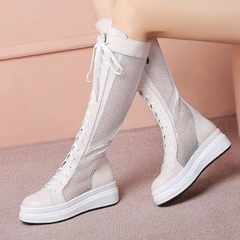 

YMECHIC 2019 Spring Summer Mesh Genuine Leather Boots Women Flat Platform Shoes Creepers Punk Cross Tied Knee High Riding Boots