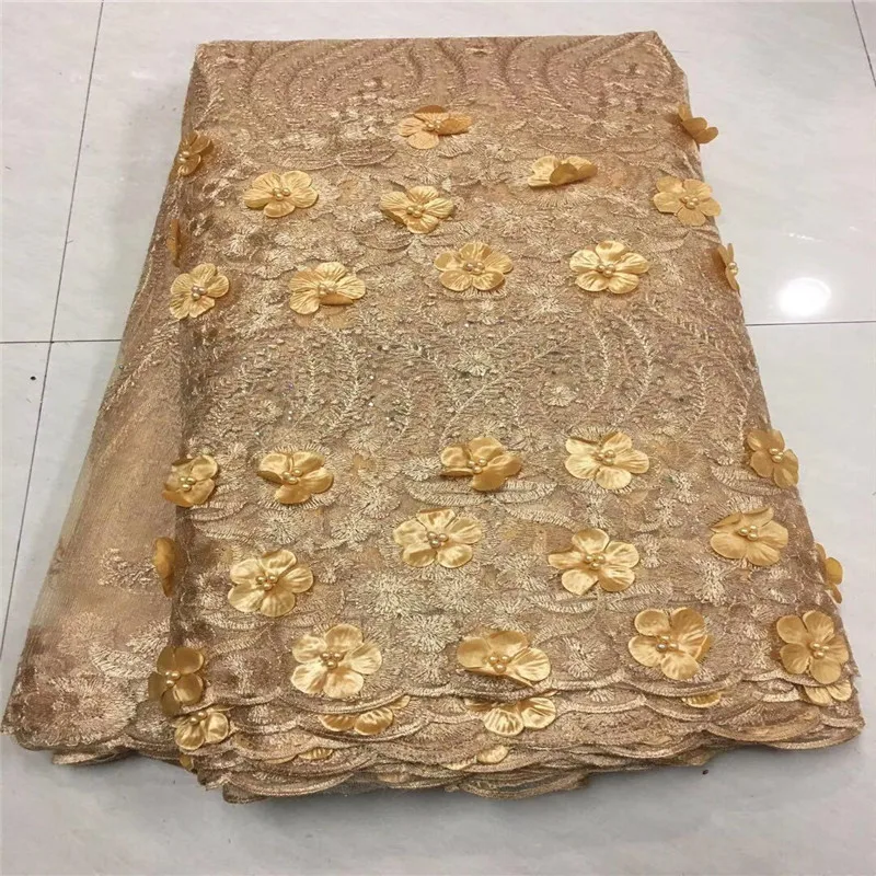 

3d Lace Fabric 2019 High Quality Lace Latest African Laces Fabric With Beads Wedding Gold Nigerian French Lace Fabric rf-1902