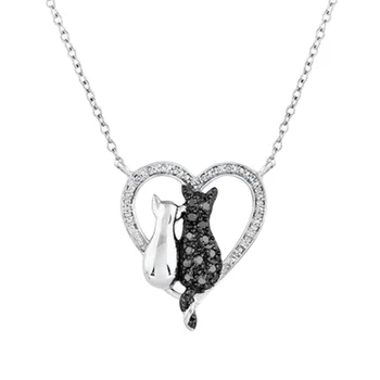 

2017 New Arrival Lovely Women Pendant Necklace Heart Black White Cat Lover Pendant Silver color Necklace