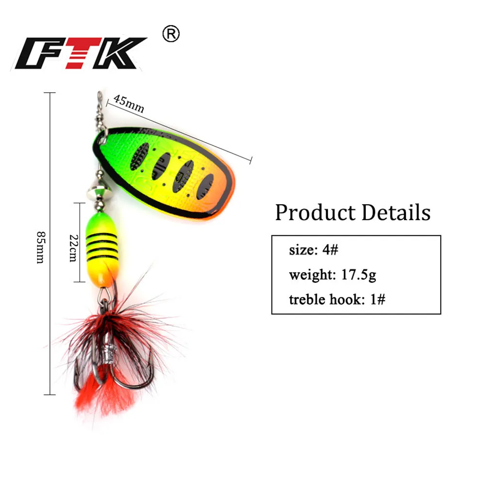 FTK 1pc Spinner Bait Hard Spoon Bass Lures 7.5g 12g 17.5g Metal Fishing  Lure With Feather Treble Hooks For Pike Fishing