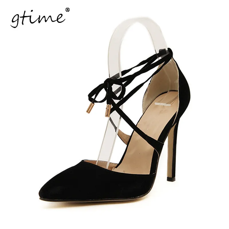 

GTIME 2017 New Summer Style women's Lace Up high heels Pointed Toe Bandage Stiletto Sandals Celebrity Ladies Shoes Pumps #ZWS90