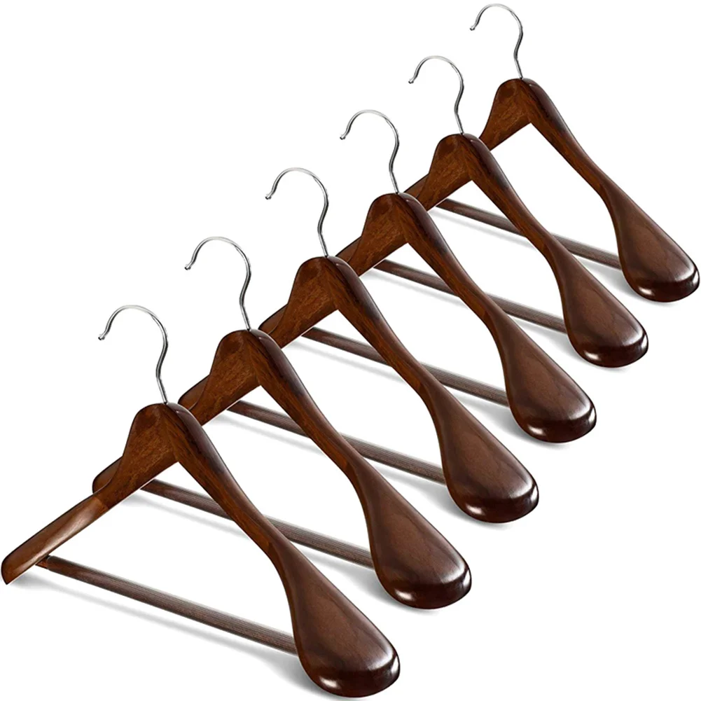 

6 Pcs Wide Shoulder Wooden Hangers with Non Slip Pants Bar for Coat Clothes Dress Suit Best Price
