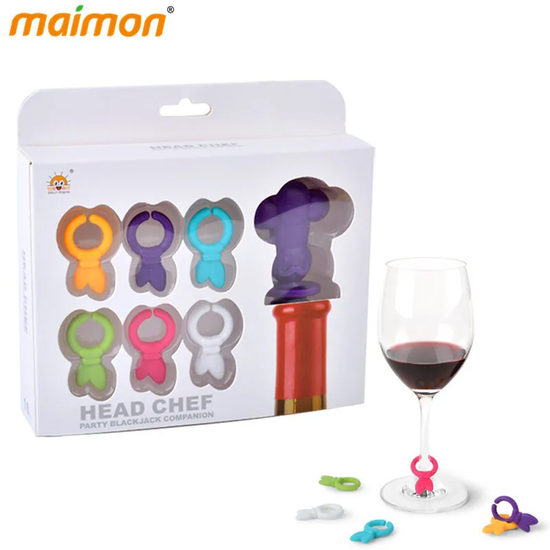 

6+1pcs/lot Silicone Small Chef Wine Cup Marker Set Drinking Buddy Charms Label Rubber Wine Classes Marker Party Accessories