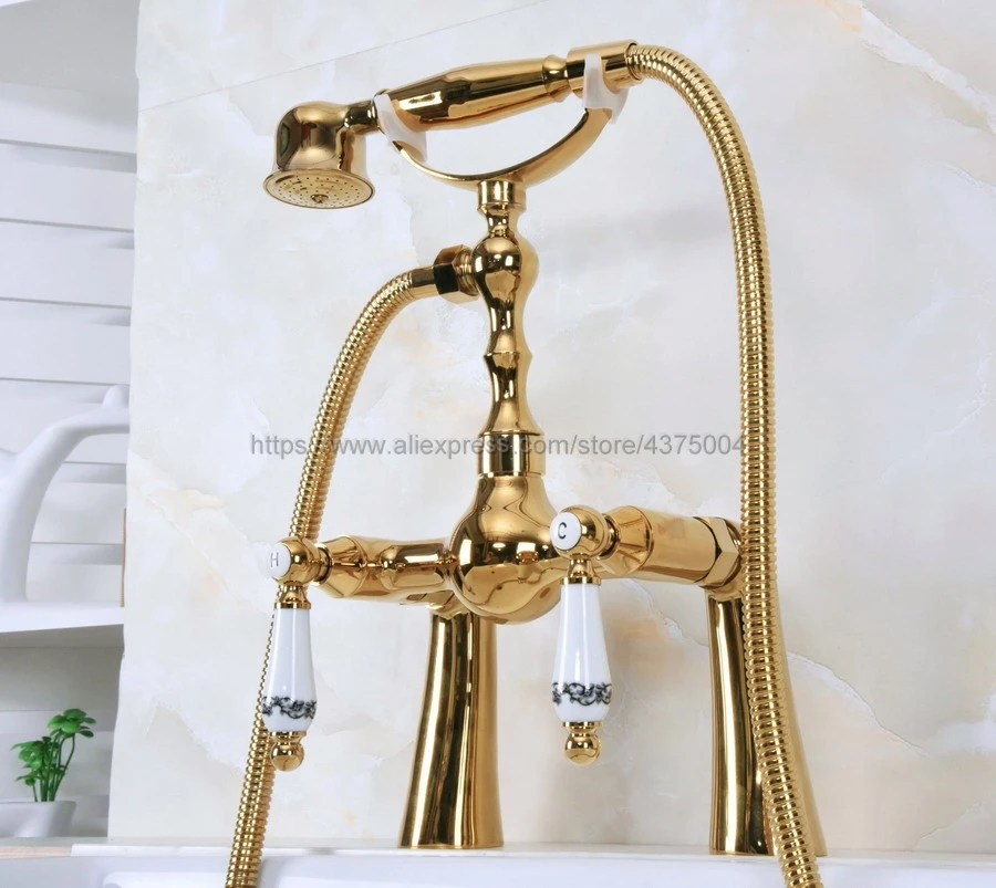 Polished Gold Brass Deck Mounted Bathroom Bathtub Shower Faucet Double Ceramic Handle with Hand Held Shower Nna138