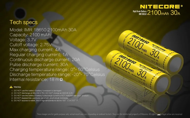 NITECORE IMR18650 3,7 в литий-ионный Защищенный Перезаряжаемые Батарея 2100/2500/2600/3100 мА/ч, 30A/35A/38A/40A Высокое качество 1 pc/FlatTop