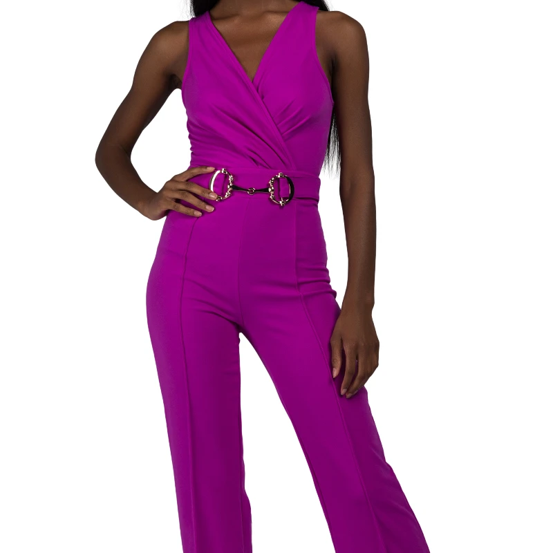 AKIRA Women's Neon Blacklight Cross Front Sleeveless Gold Buckle Detail Pleated Trouser Jumpsuit