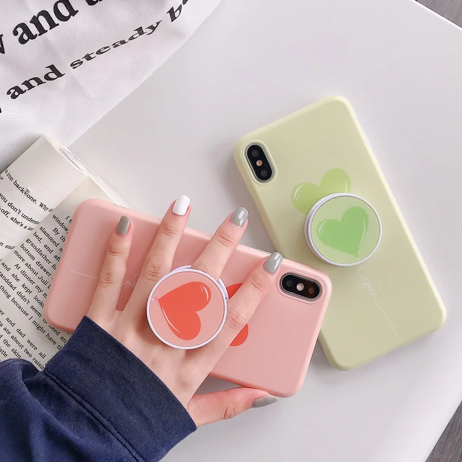 

For iPhone 7 Plus XR X XS Max Case Glossy Candy Love Heart Foldable Kickstand Holder Cover For iPhone 8 6 6s Plus Soft TPU Coque