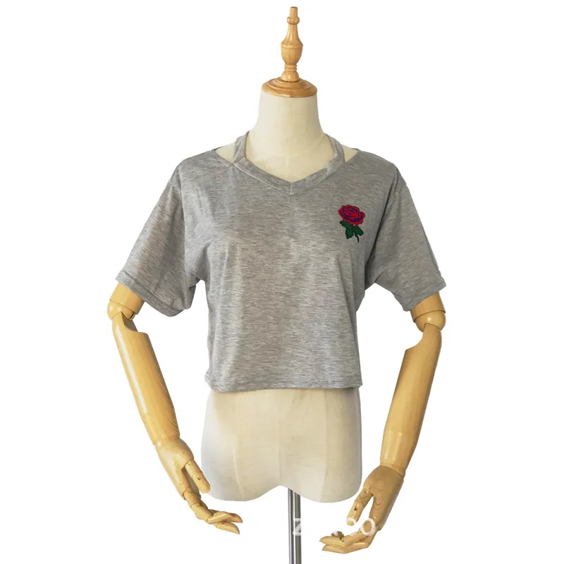 Женская короткая футболка с цветочным принтом, летняя сексуальная открытая футболка с коротким рукавом, повседневный черный белый укороченный топ, футболка с вышивкой розы, Новинка - Цвет: Gray