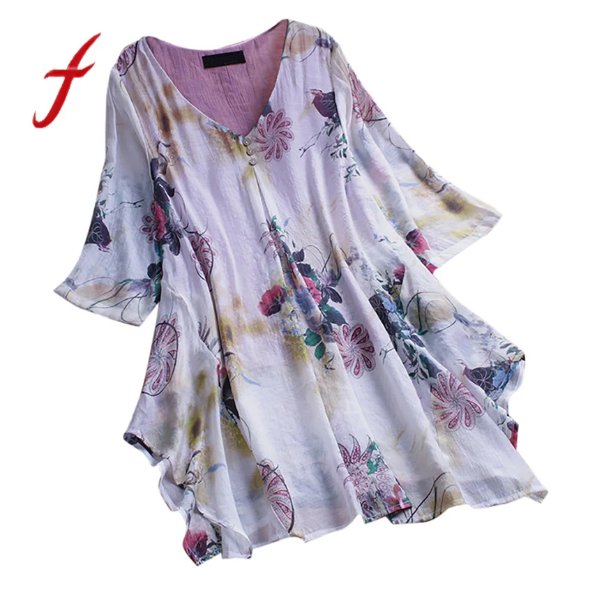 

Tee shirt femme Women Vintage Floral Print V-neck Irregular Hem Half Sleeve Top T-Shirt 2 color lapel short-sleeved summer shirt