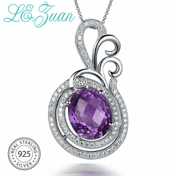 

L&zuan Real 925 Sterling Silver Nacklaces 4.71ct Natural Amethyst Luxury Pendant For Women Checkerboard Cut Gems Pendants