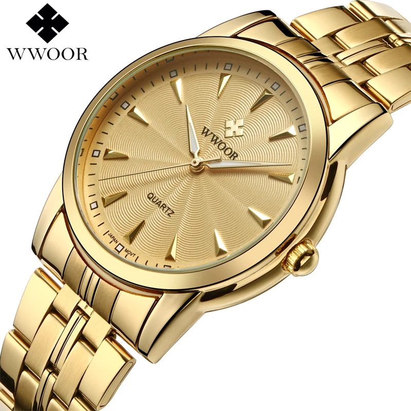 Лучший бренд класса люкс Для мужчин Водонепроницаемый Нержавеющая сталь золотые часы Для мужчин кварцевые часы мужские золотые наручные часы WWOOR relogio masculino